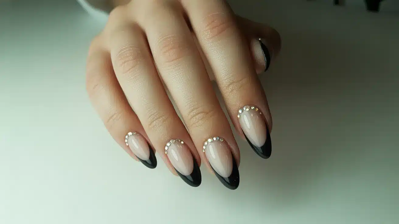Black French Tips with Rhinestone Cuticles