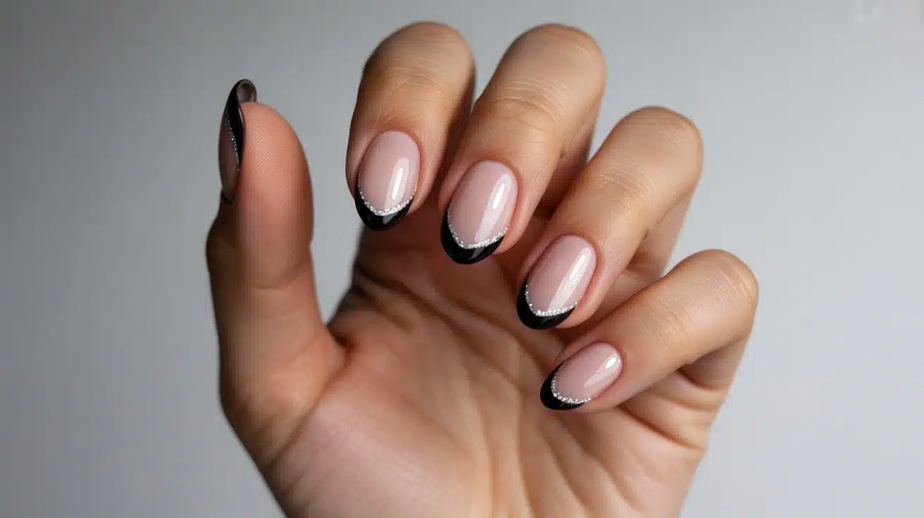 Black French Tips with Silver Glitter Edge