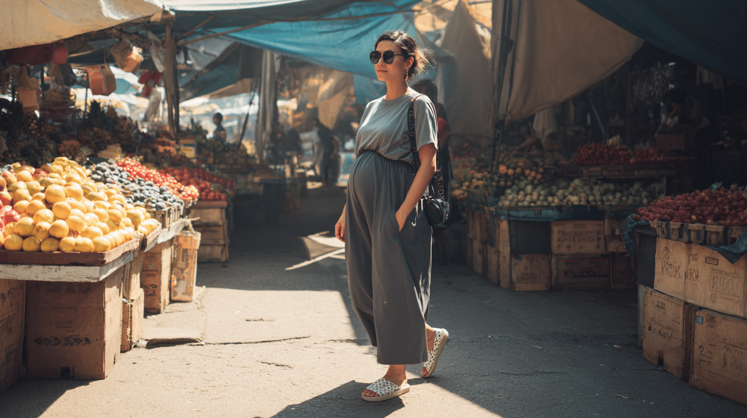 Culottes with a Soft Maternity Tee and Slides for Casual Style