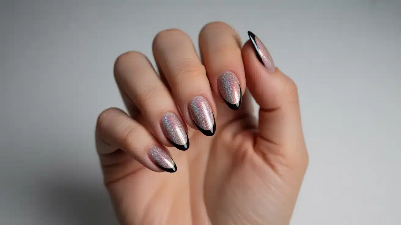 French Tips with Holographic Powder Finish