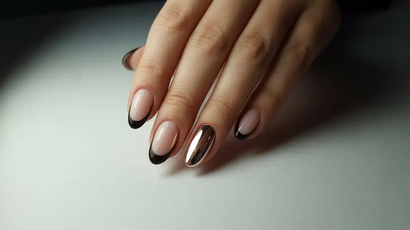 Glossy Black Tips with Chrome Accent Nail