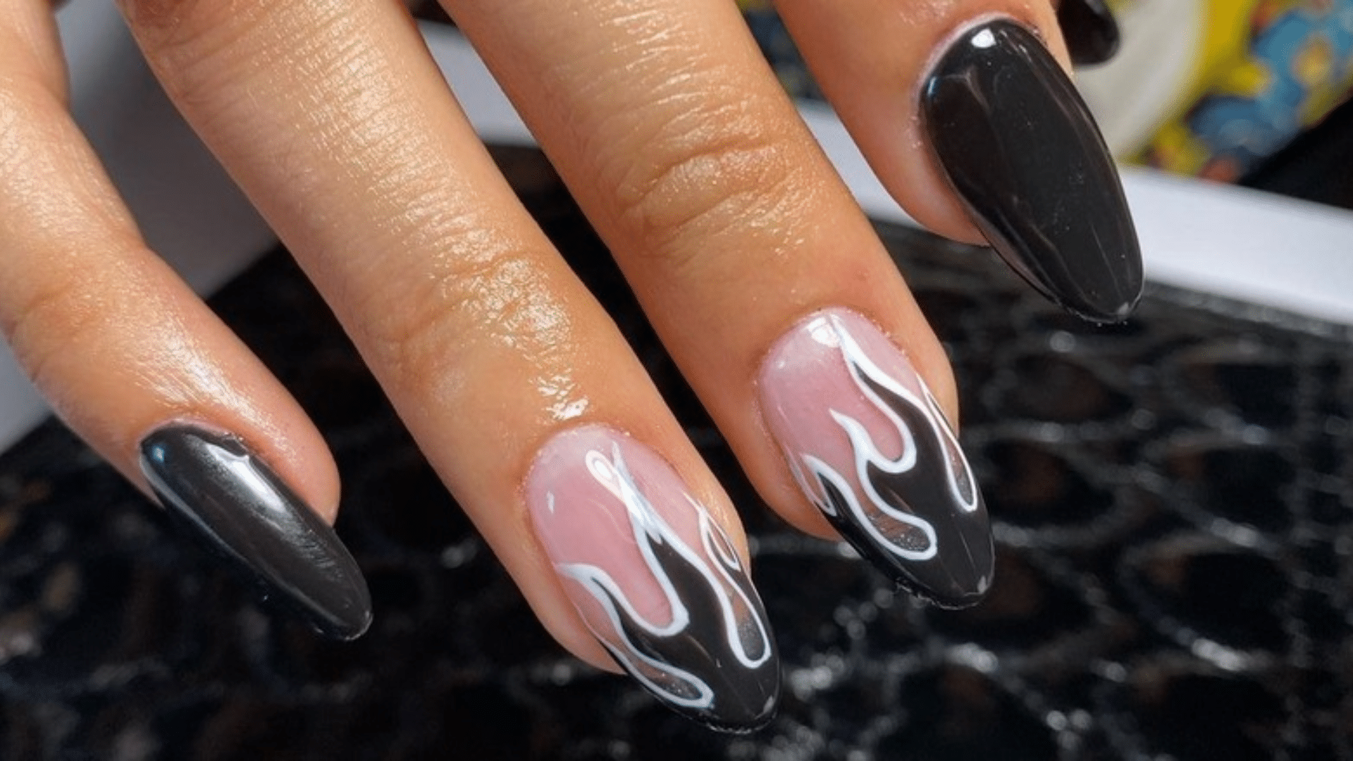 Glossy Black Tips with Flame Design Overlay