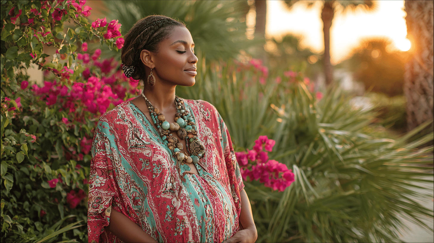 Kaftan with a Statement Necklace for a Bold, Relaxed Style
