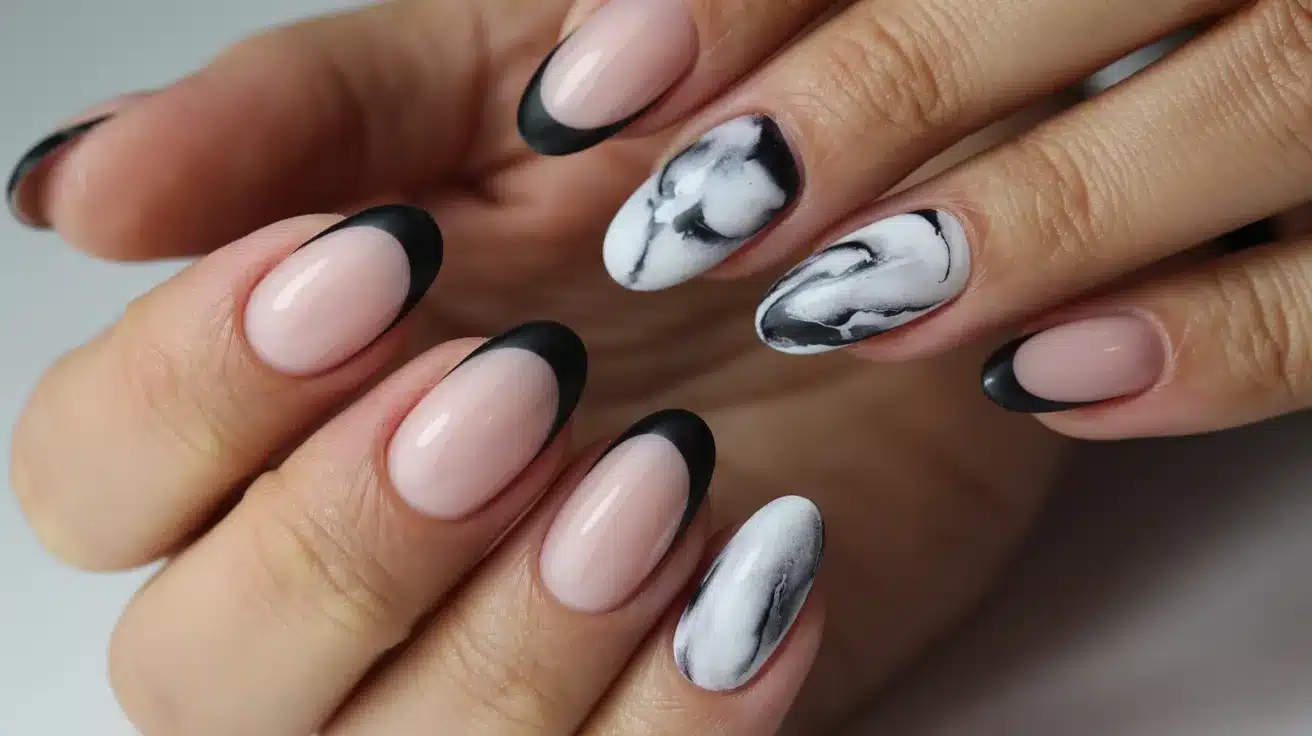 Matte Black Tips with Marble Accent Nails