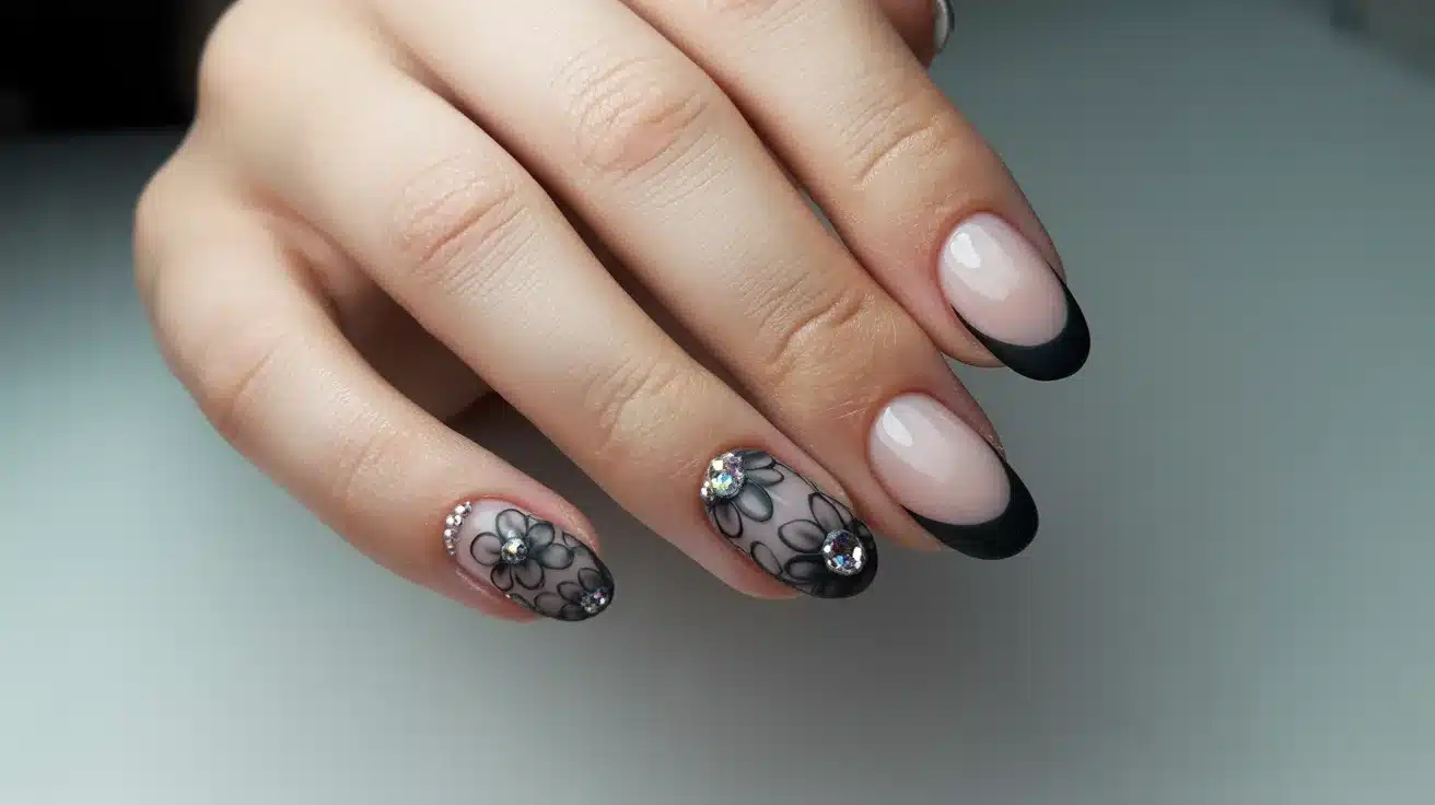 Matte Tips with 3D Black Flowers