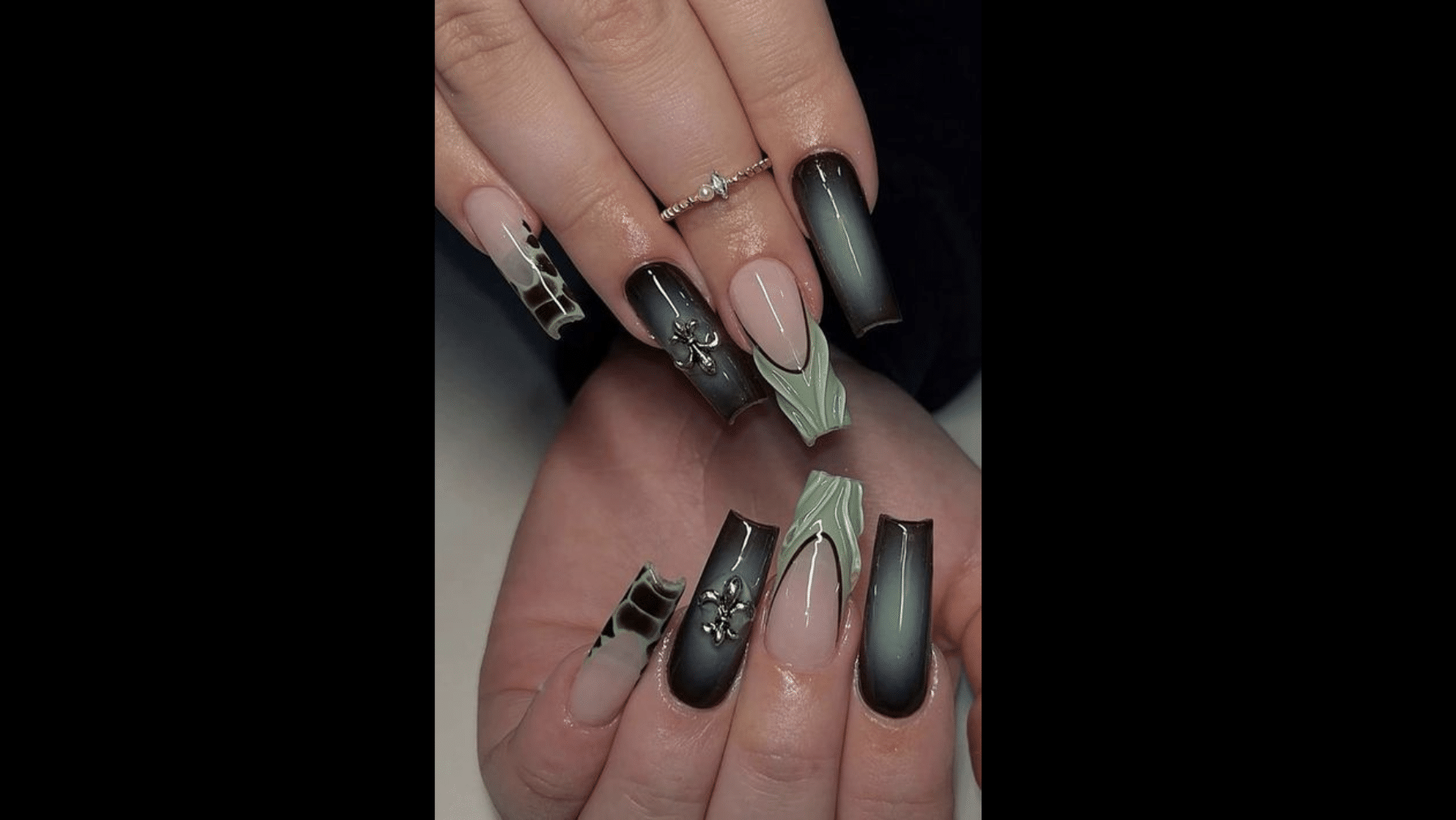 Sage Green and Black Contrast Nails