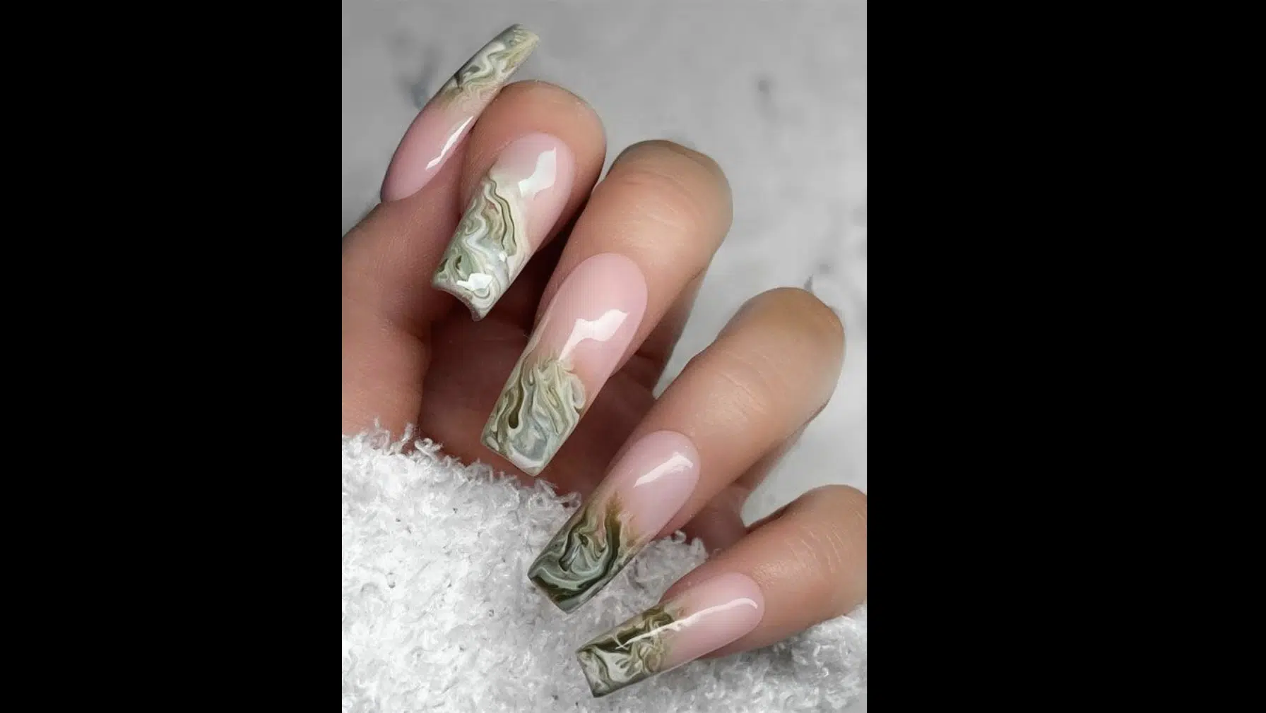 Sage Green and White Marble Nails