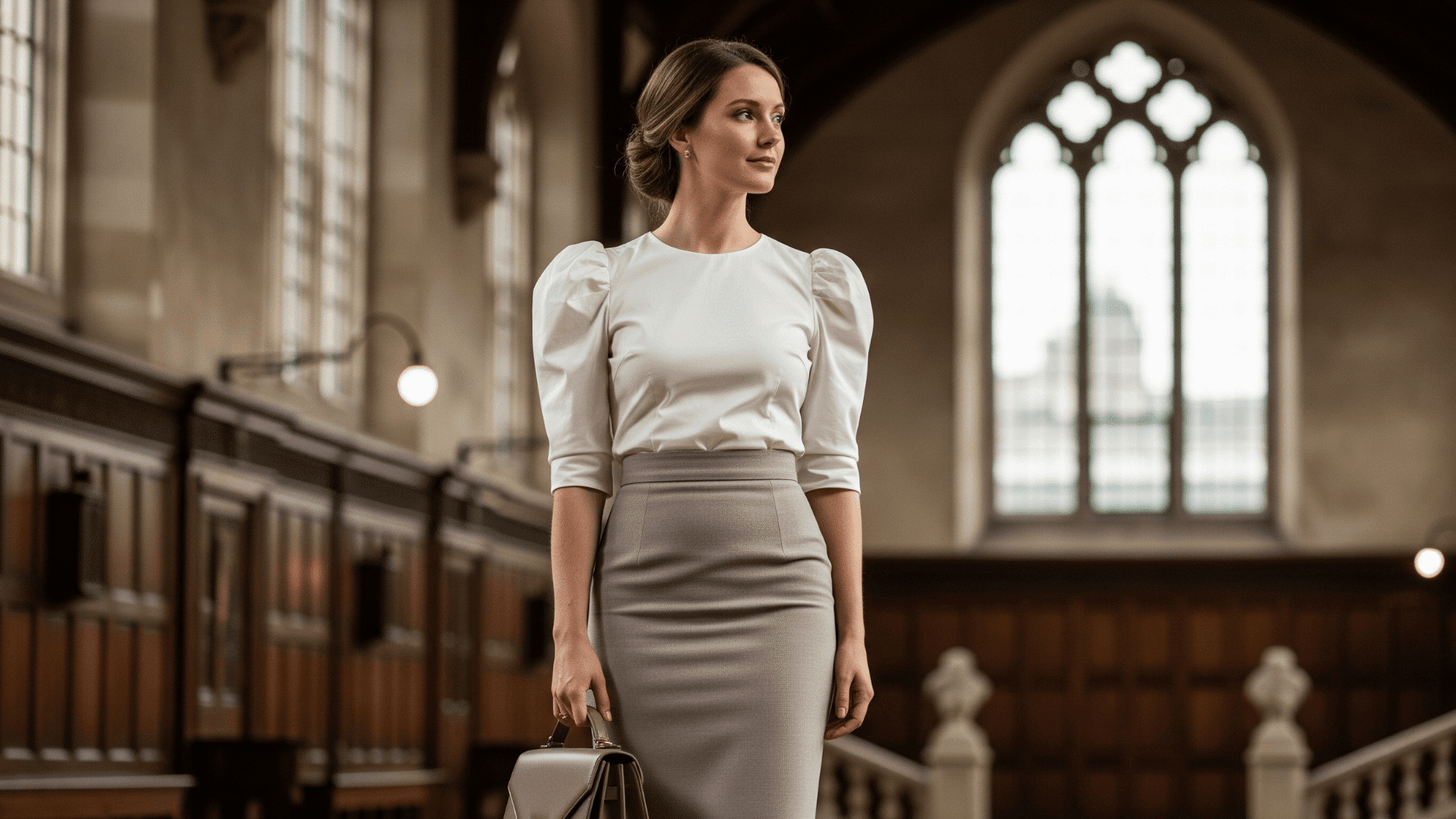 Blouse with Puff Sleeves & Pencil Skirt