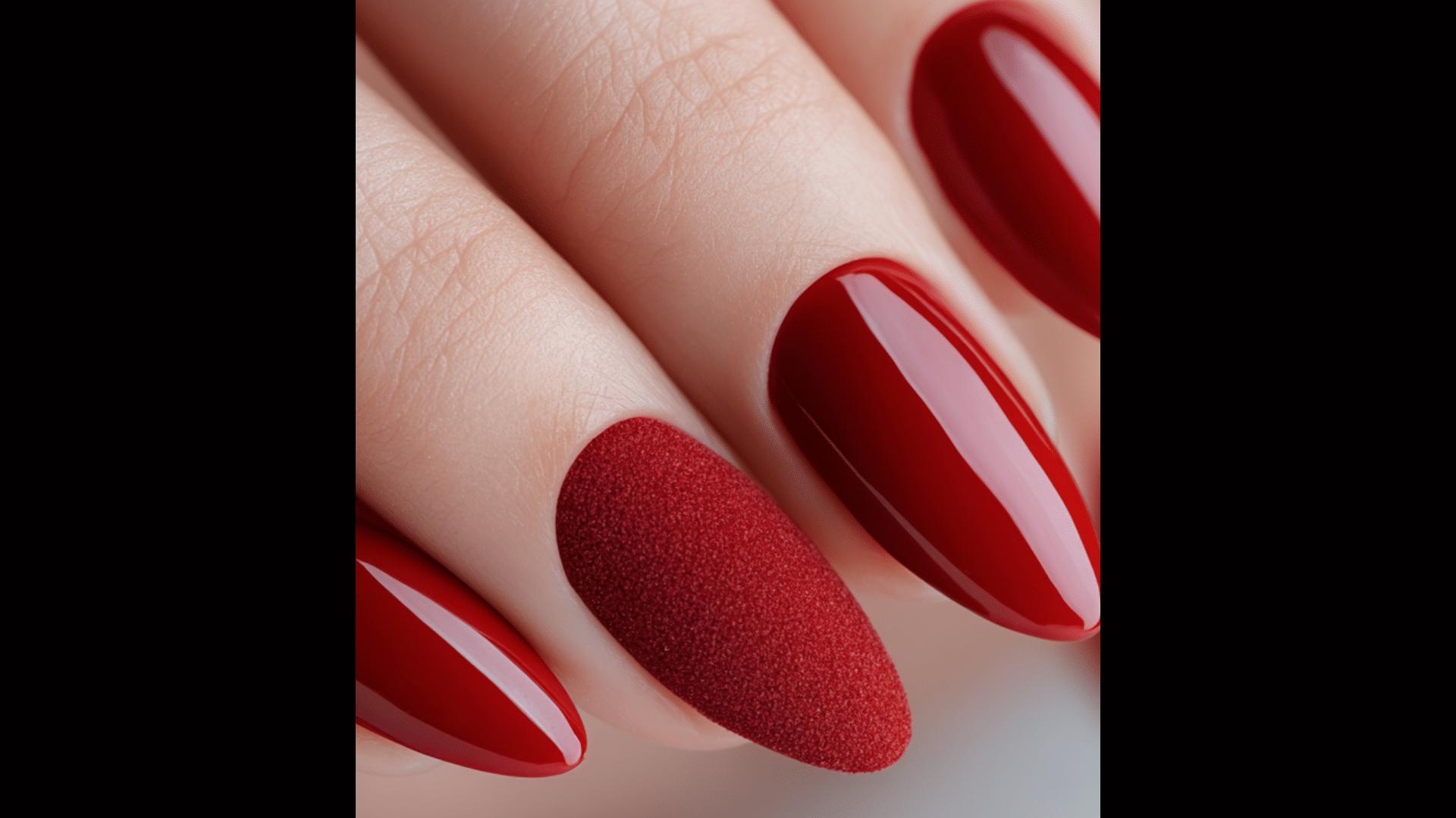 Classic red nails with glossy finish and accent nail in matte