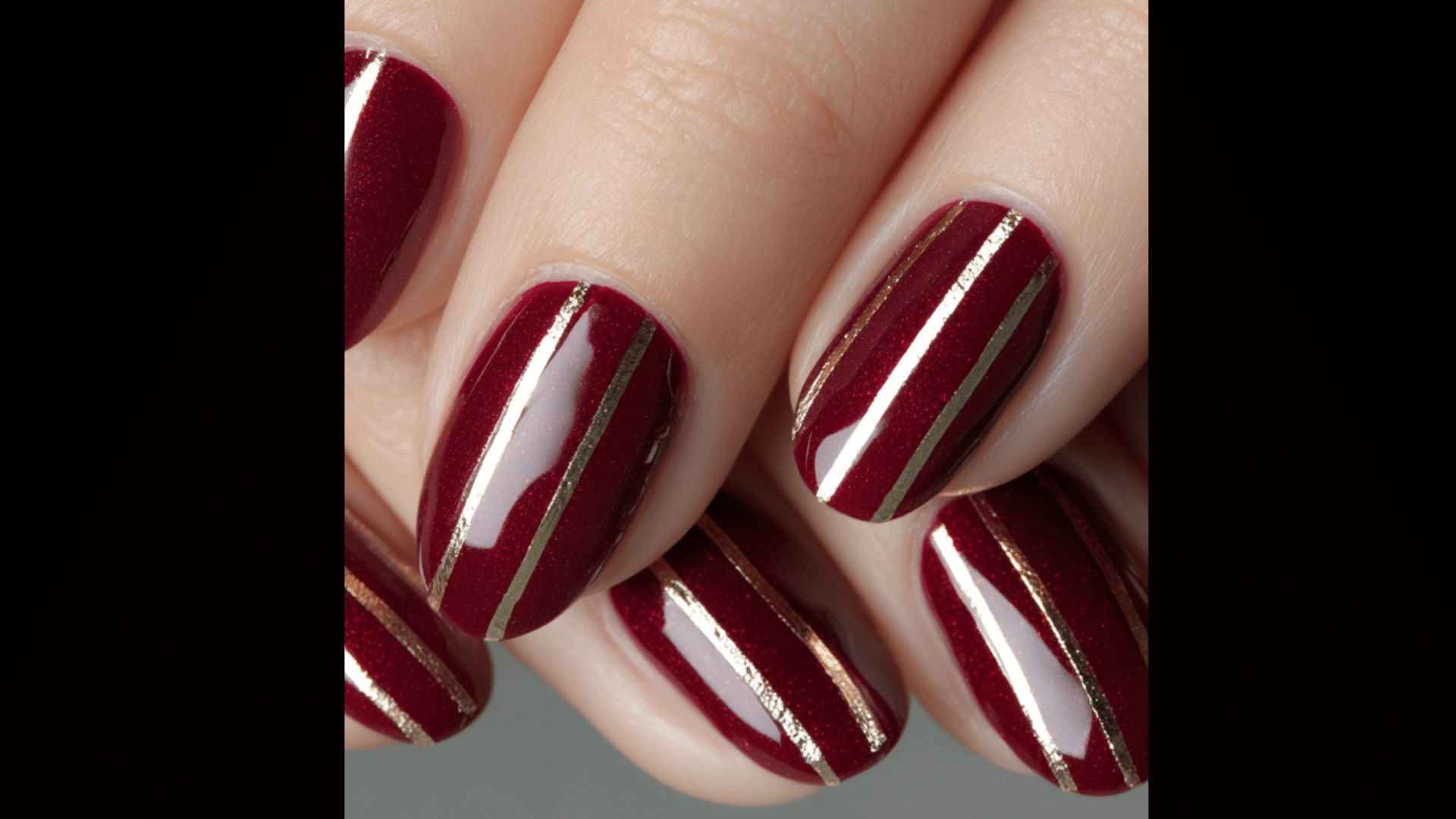 Dark red nails with metallic stripes