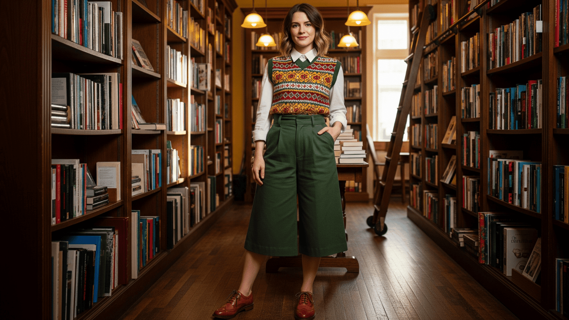 Knit Vest over Collared Shirt with Culottes