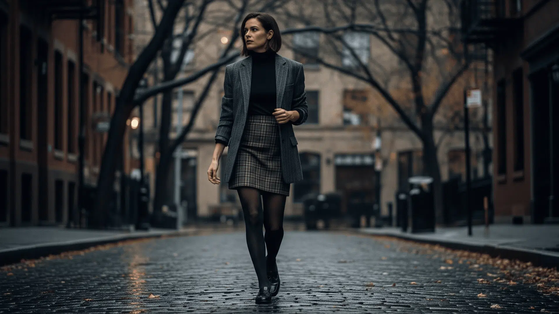 Plaid Skirt & Turtleneck Layered with Blazer