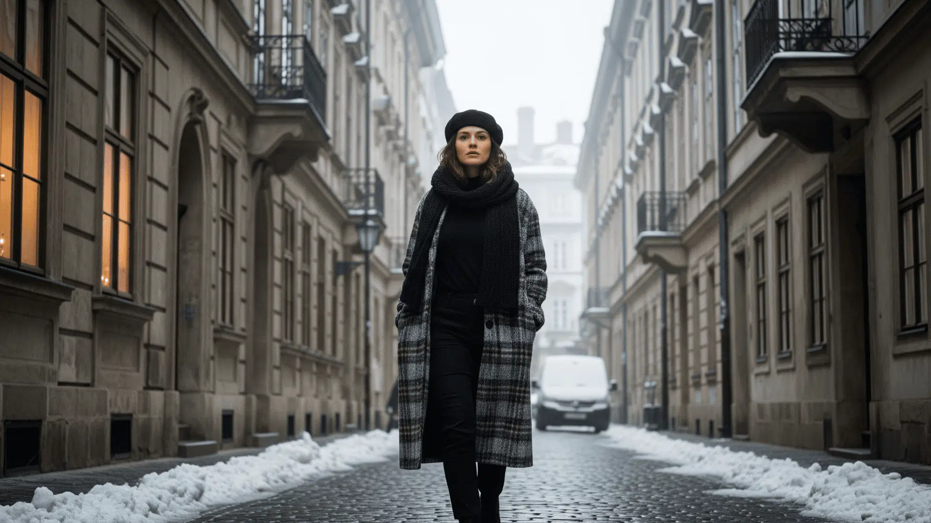 Plaid Wool Coat over Monochrome Base