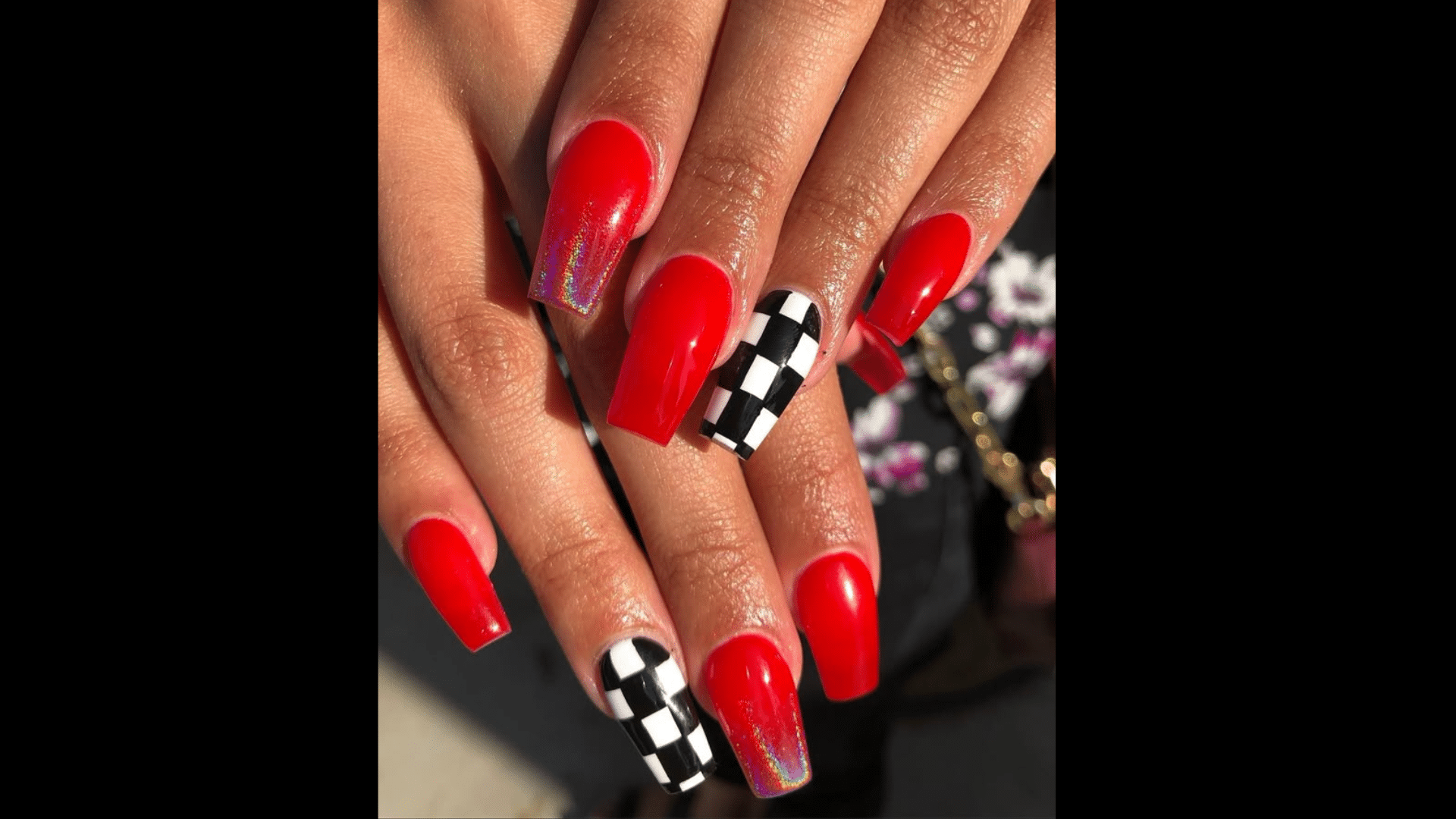 Red and black checkerboard nails