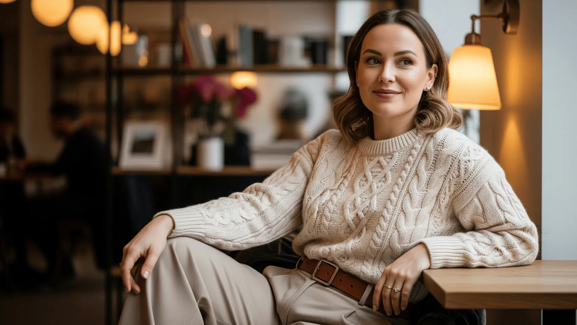 Wide Leg Trousers with Cable Knit Sweater