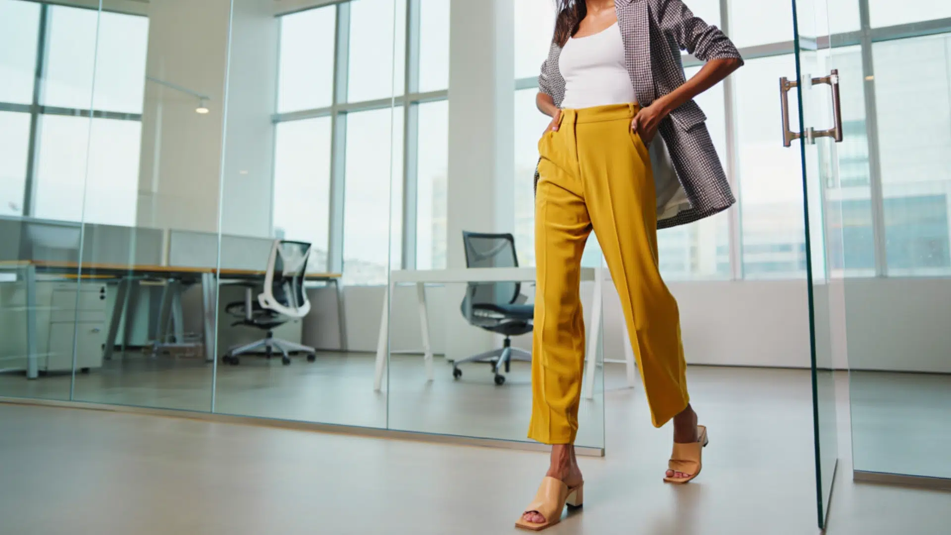 Checked Blazer, White Tank with Mules