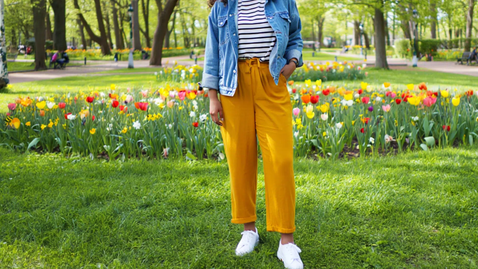 Denim Jacket, Striped Tee with White Sneakers