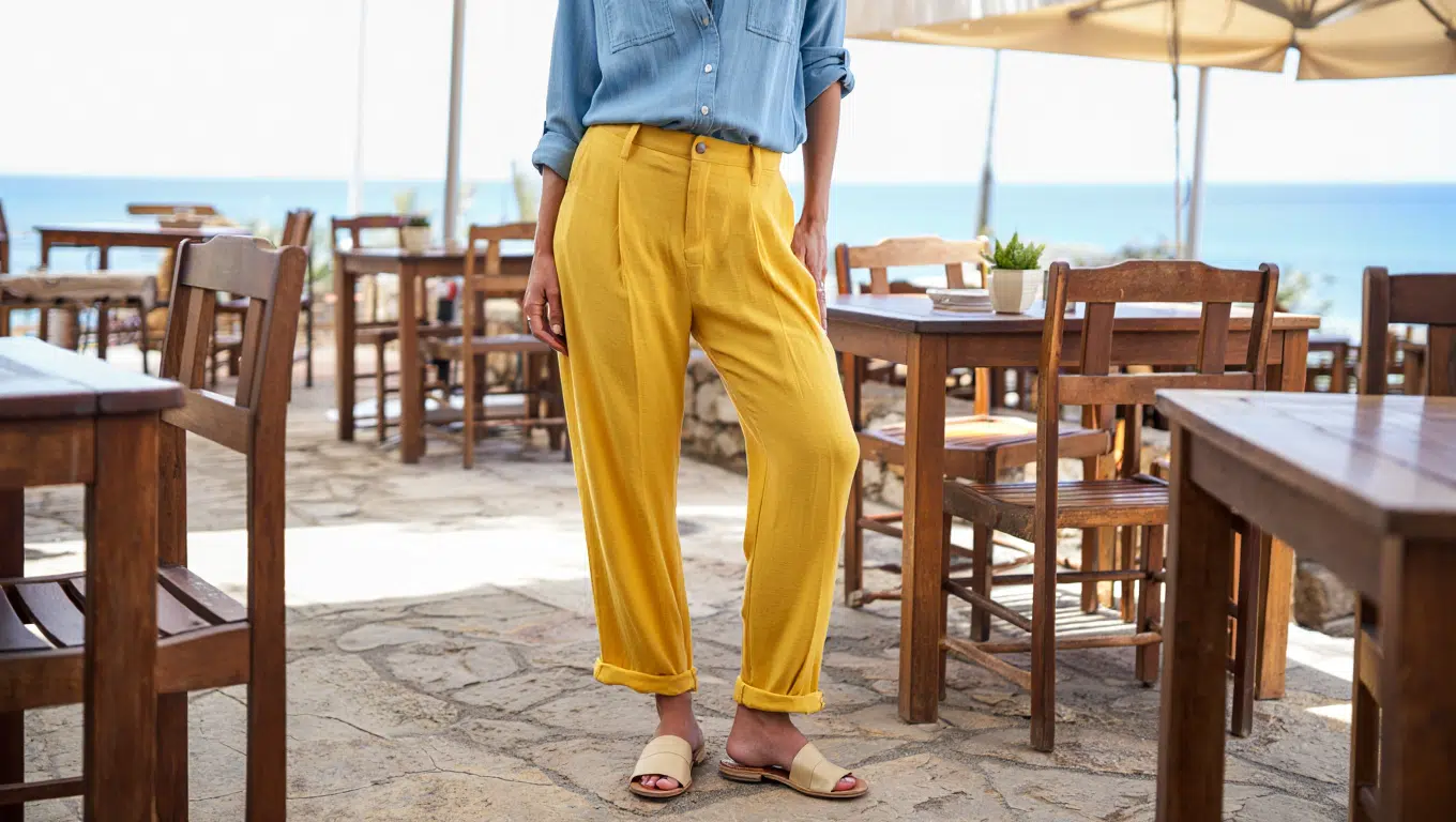 Light Blue Chambray Shirt and Beige Sandals