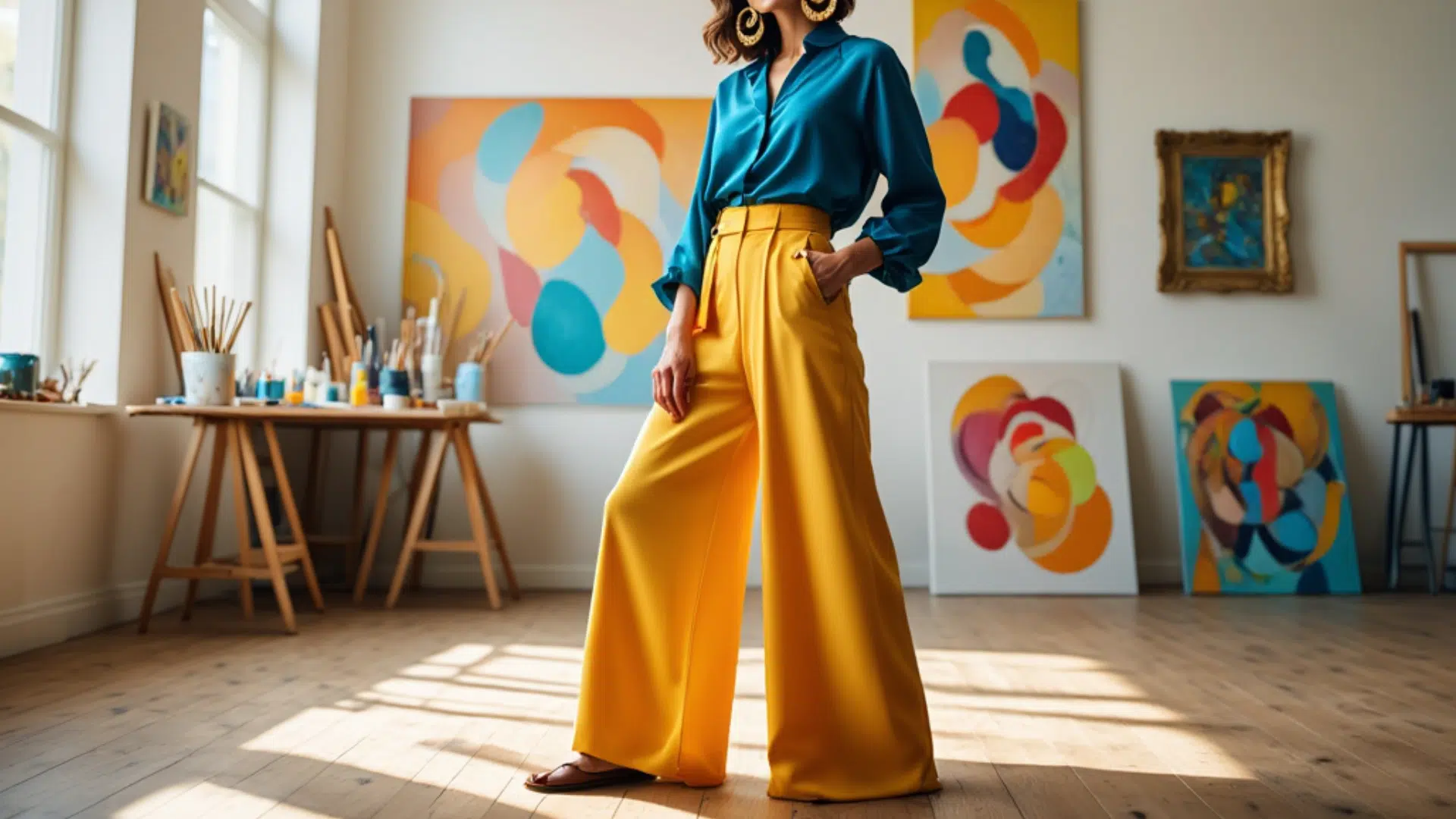 Teal Blouse with Statement Earrings
