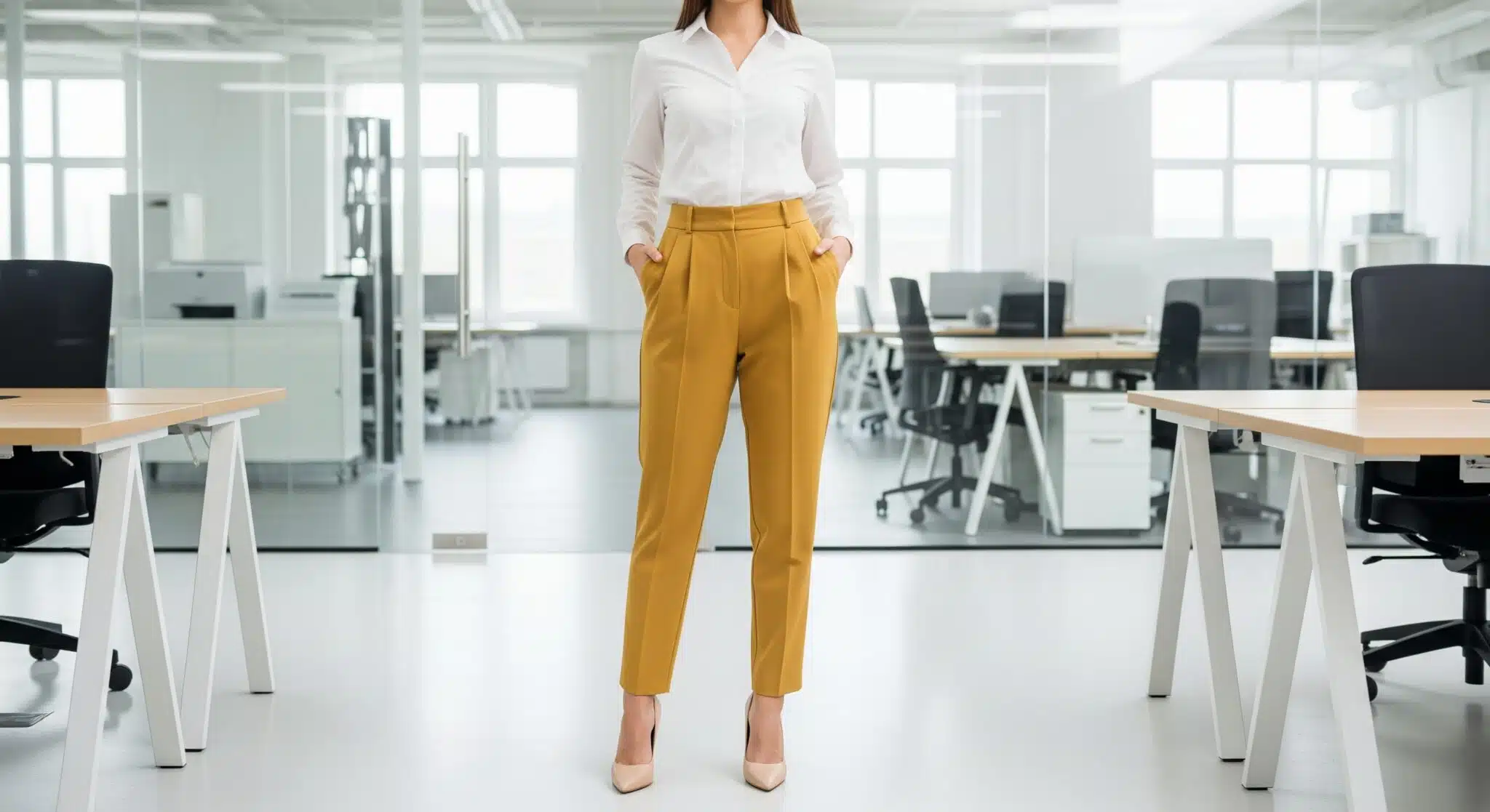 White Button-Up Shirt with Nude Flats