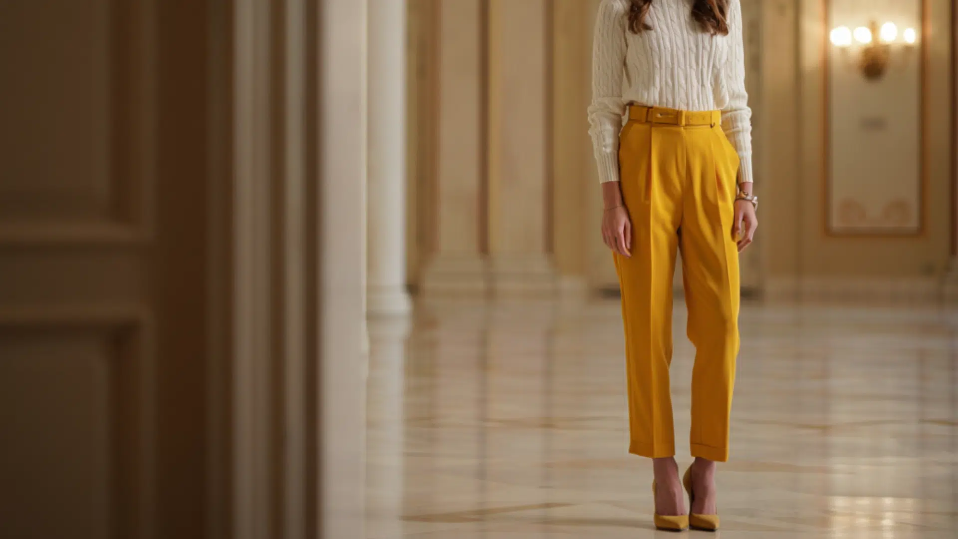 White Knit Sweater with Tan Heels