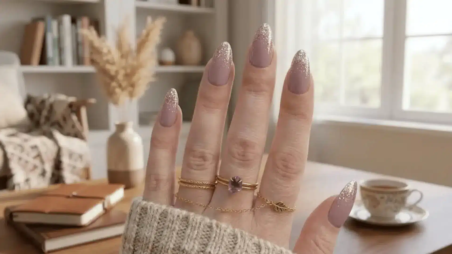 A soft mauve base with glitter at the tips adds a gentle sparkle on medium length almond nails