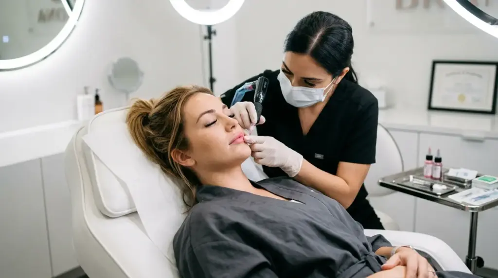 Beauty clinic session showing permanent lip color procedure with technician working on client lips