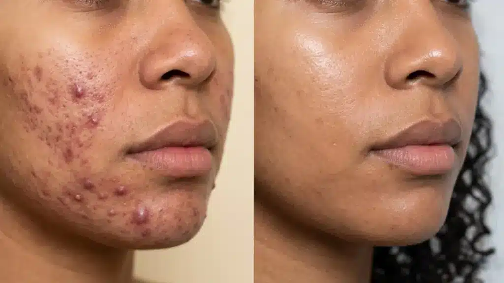 Before and after acne treatment showing breakouts and clear skin improvement on cheek and jawline