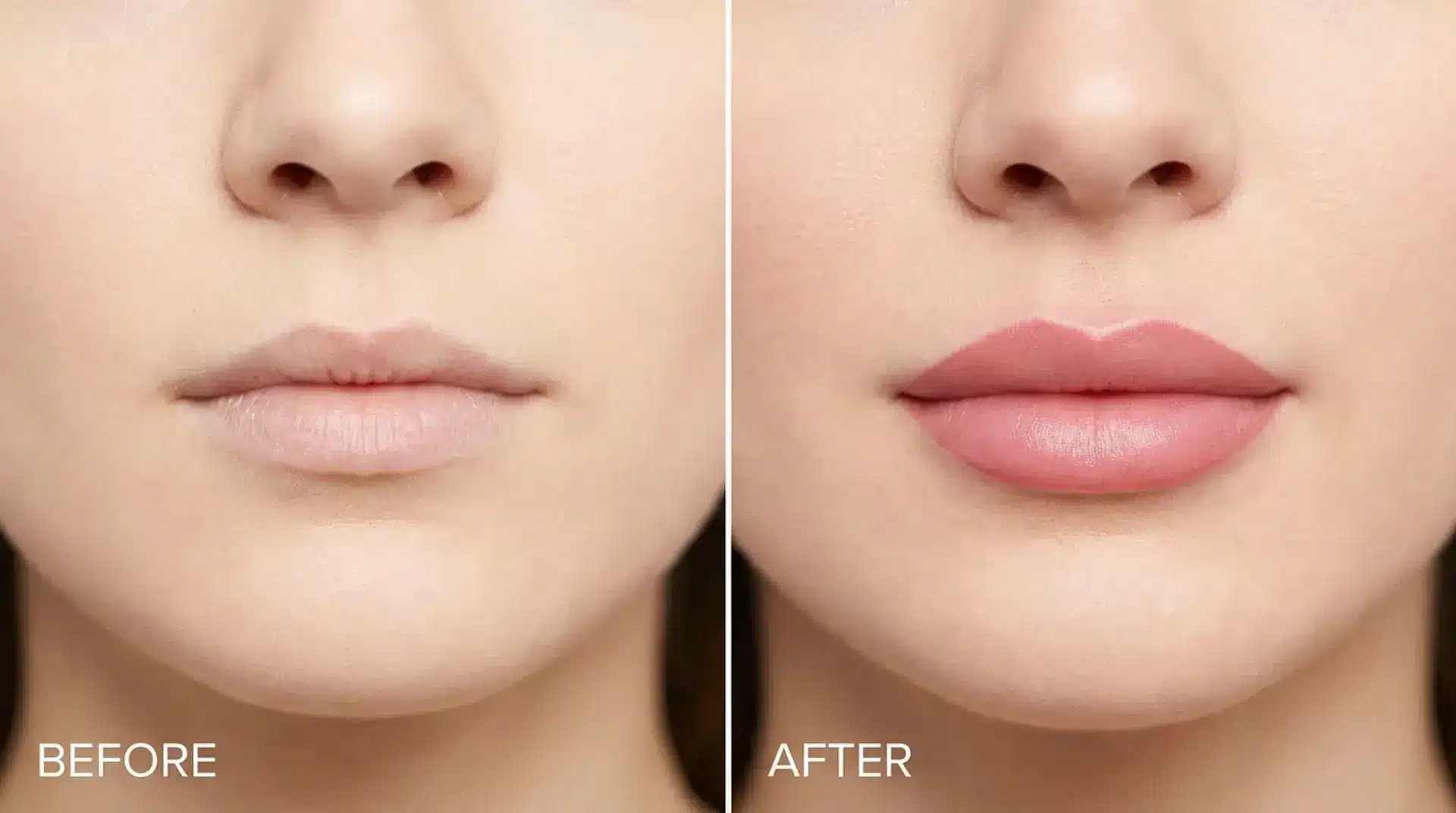 Before and after permanent lip color showing enhanced lip tint and improved shape with natural looking results