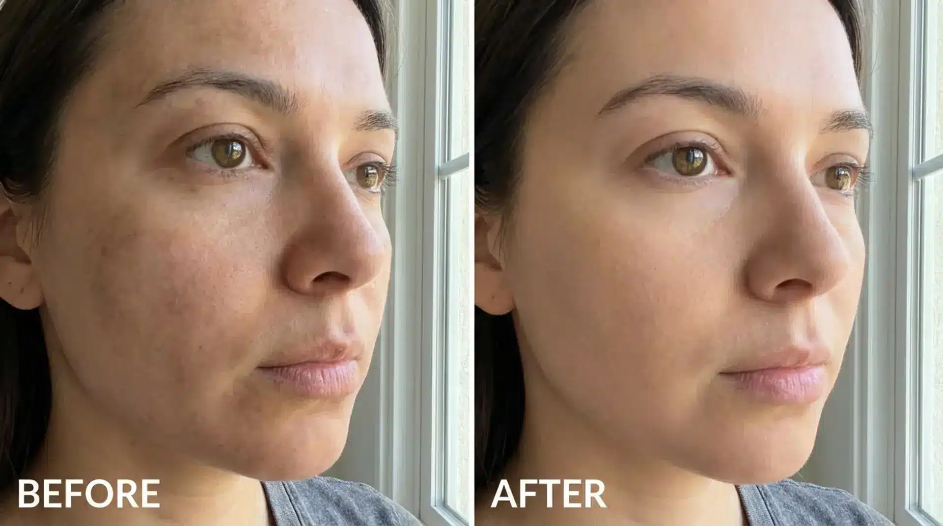 Before and after permanent makeup face treatment showing smoother skin tone and enhanced natural complexion results