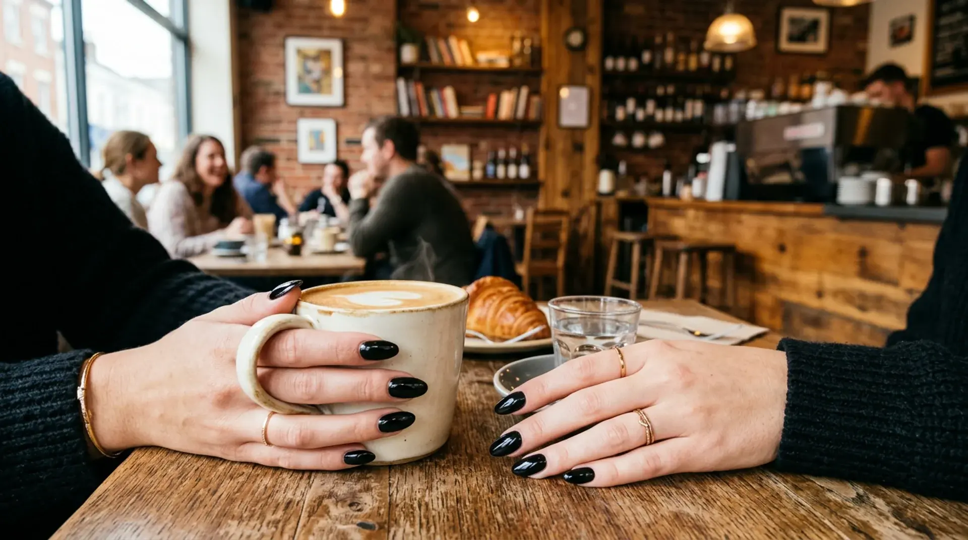 Black gloss manicure holding coffee cup in cozy cafe with warm lights and brick wall interior