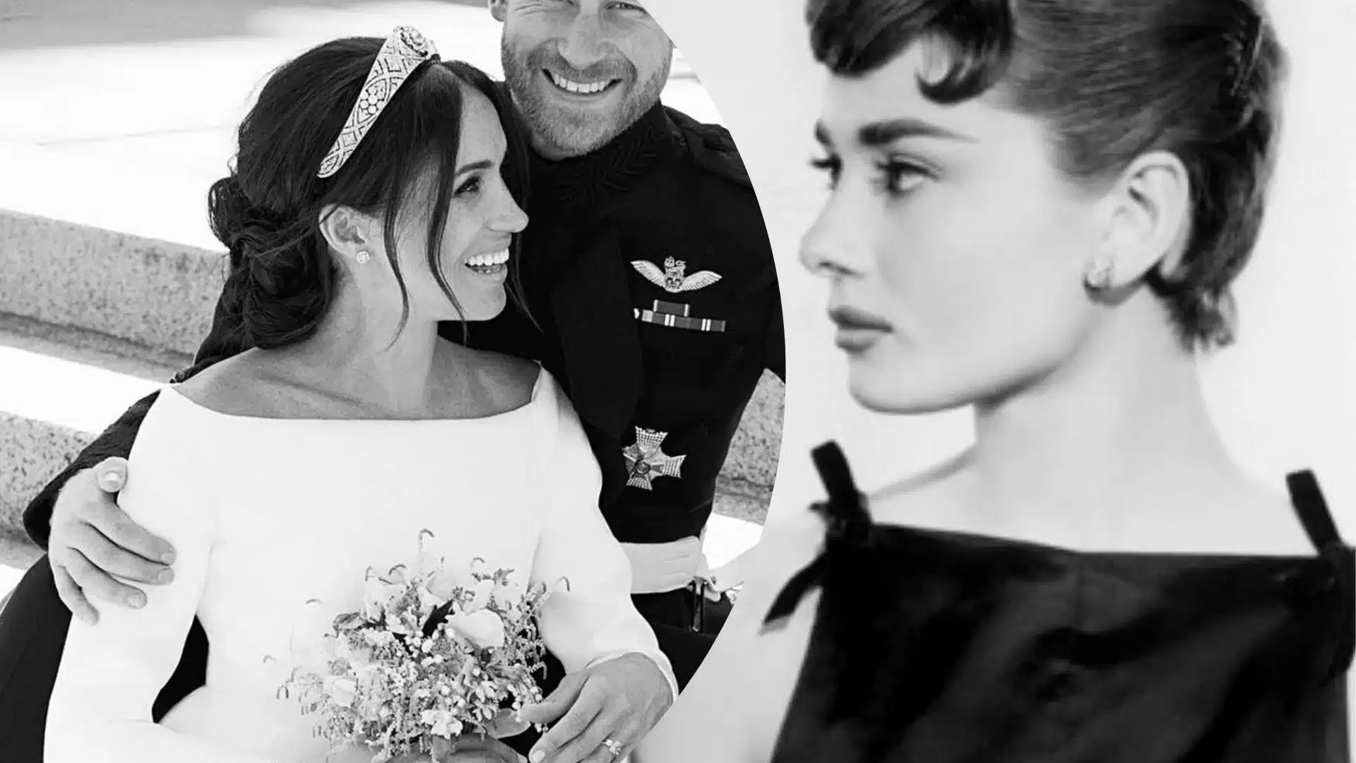Bride in white gown and vintage actress showcasing elegant Sabrina neckline with clean, wide collarbone silhouette