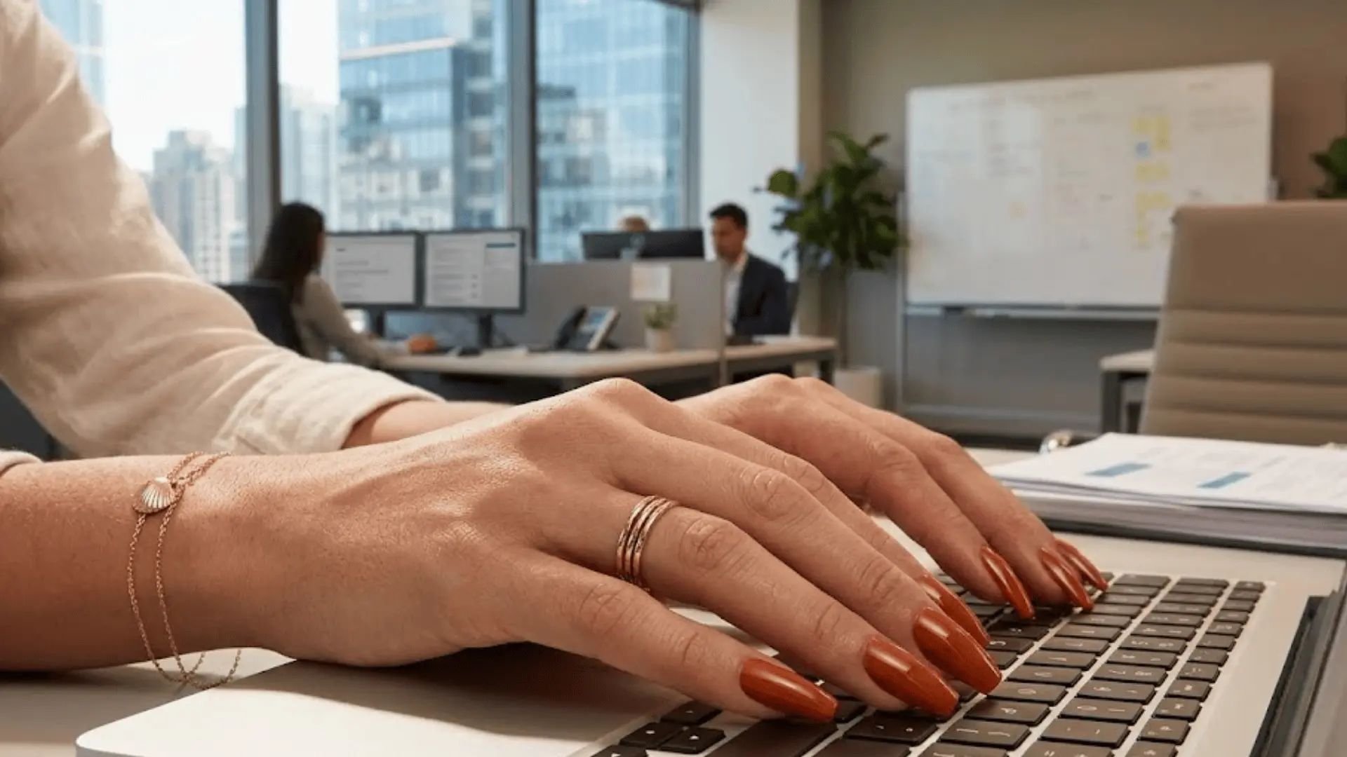 Burnt orange manicure typing on laptop in modern office workspace