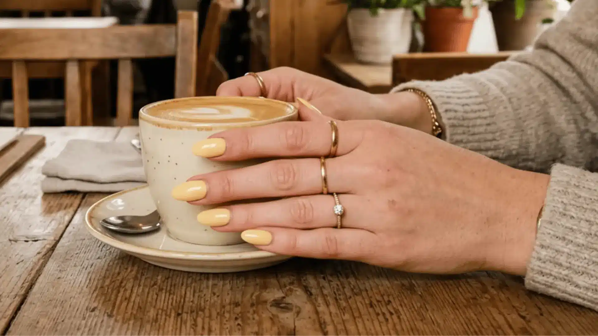 Butter yellow manicure holding latte cup on wooden cafe table with rings and cozy setting