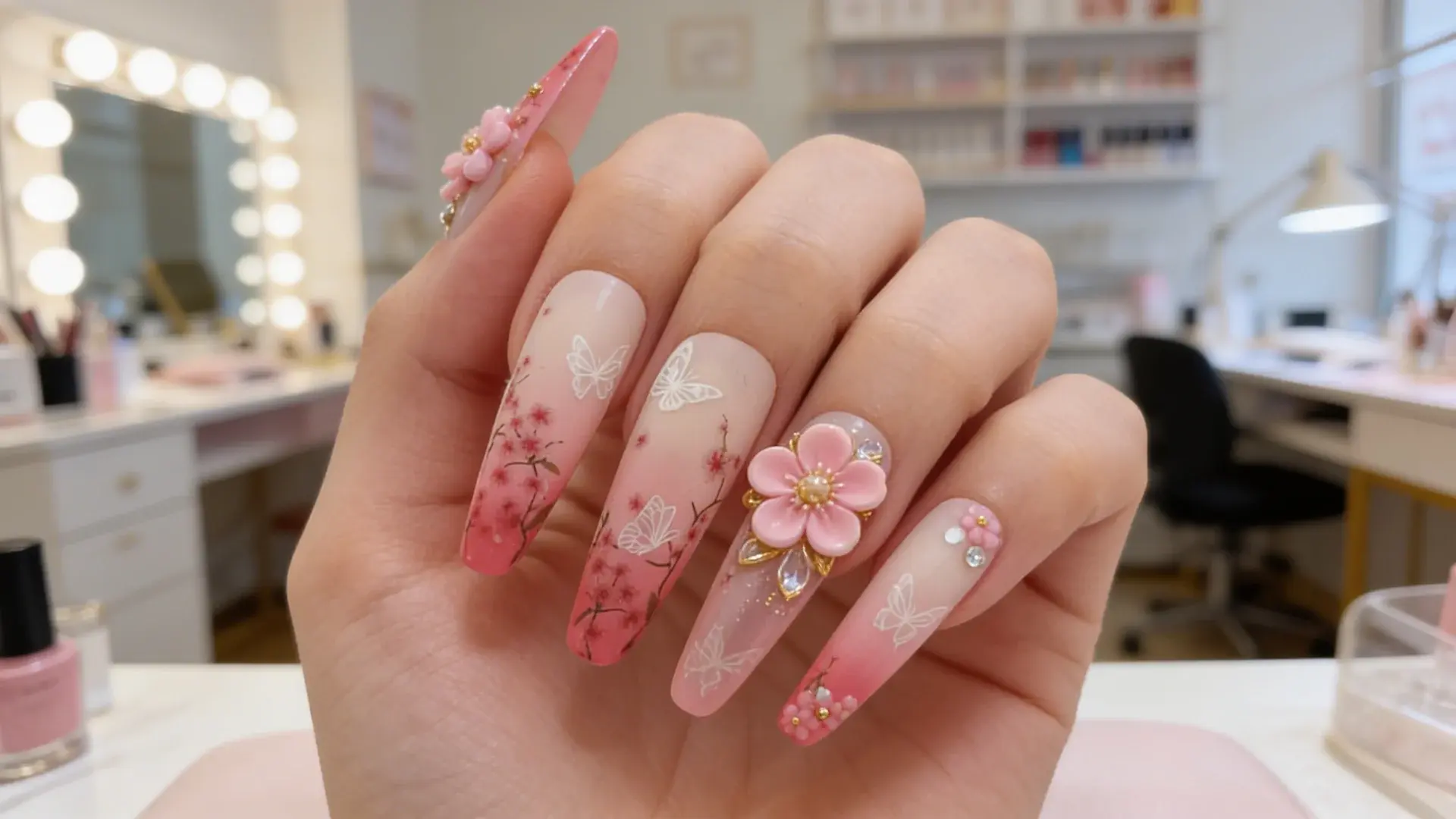 Cherry blossom aura spring nails with 3D flower nail art shown as detailed spring nails design in nail salon