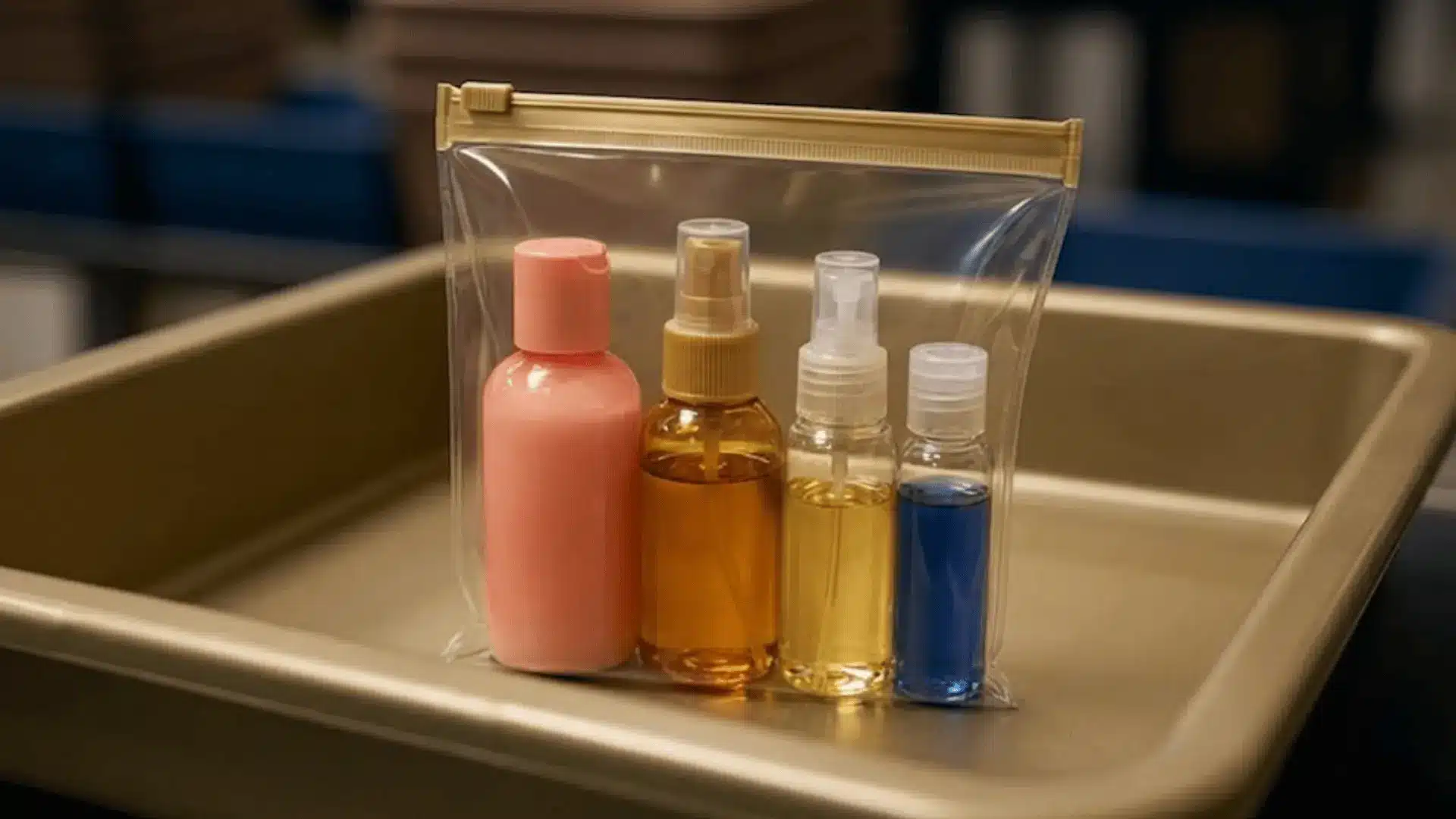 Clear TSA quart bag with travel-size liquid bottles placed in airport security tray for screening