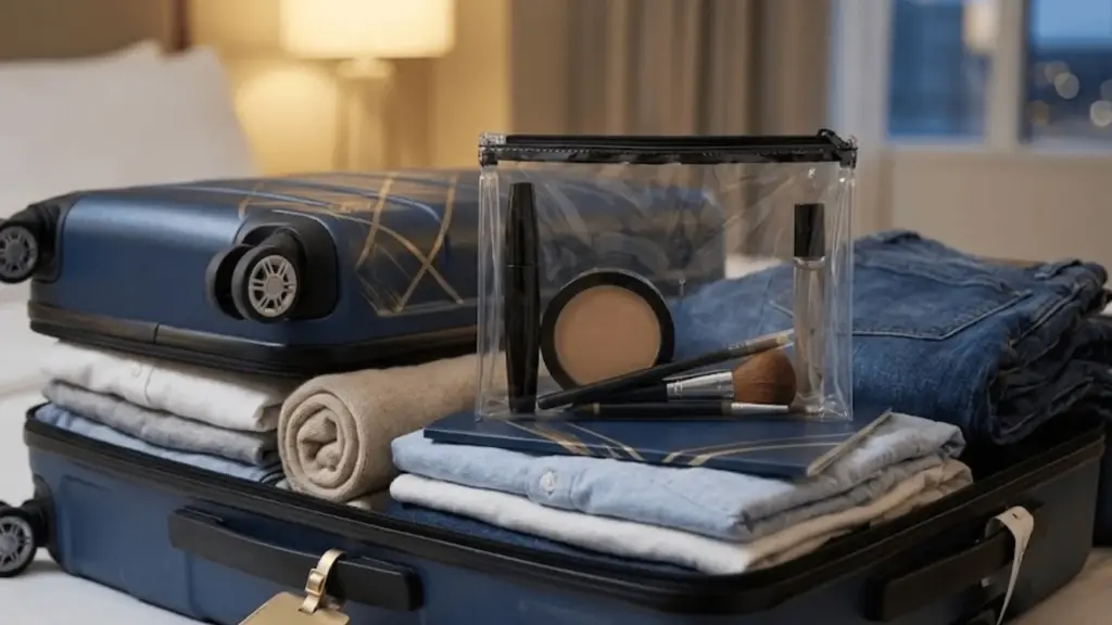 Clear toiletry bag with makeup items packed inside suitcase following TSA liquid rules for air travel