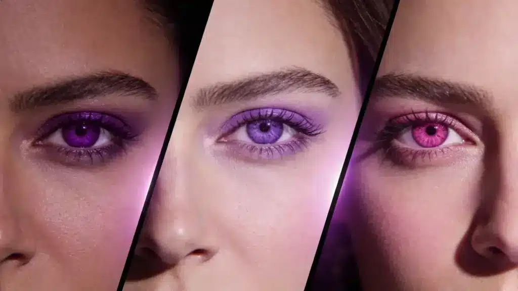 Close up collage of three women with vibrant purple pink and violet contact lenses highlighting colored eye makeup trends