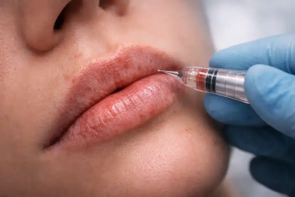 Close-up of irritated lips with redness as a PMU needle approaches during lip blush procedure showing potential risks
