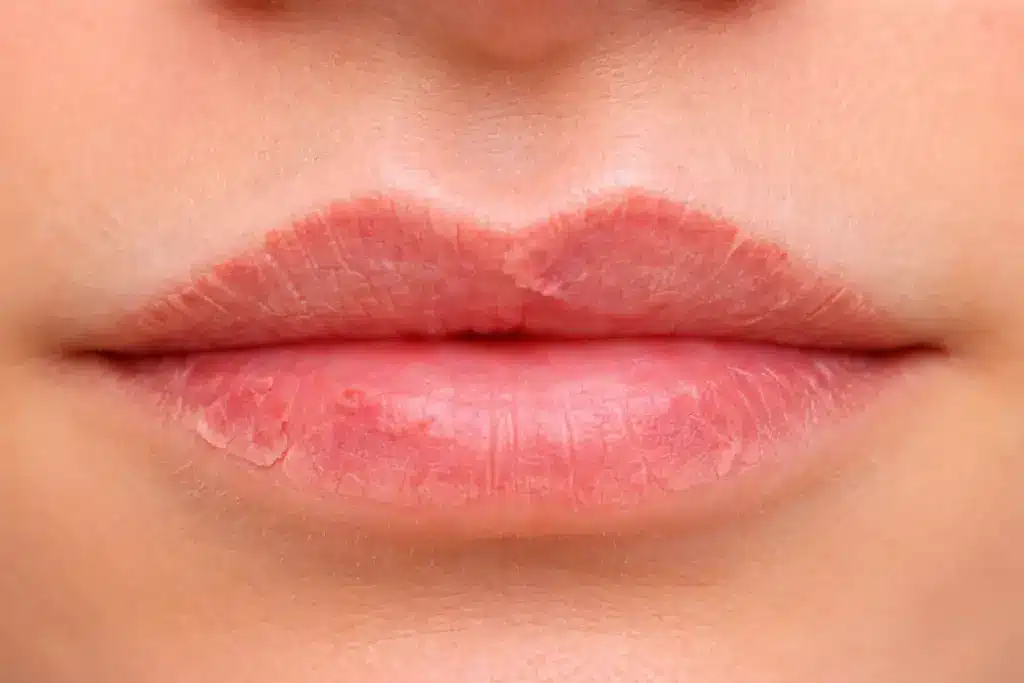 Close-up of lips with uneven faded lip blush pigment, patchy color retention, and mild peeling after skipped touch-up session