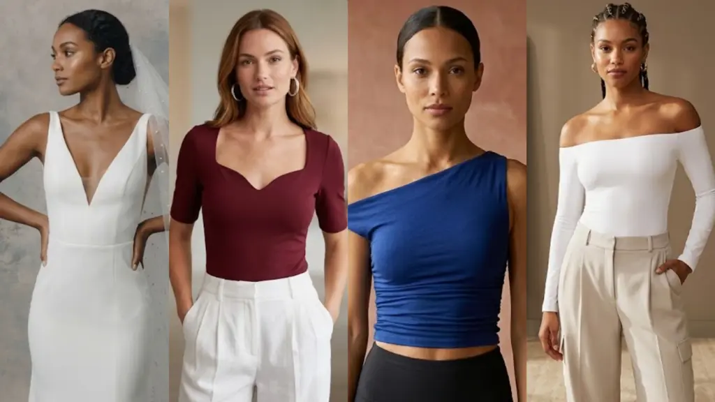 Collage of flattering necklines for soft natural body type including V-neck, off-shoulder, and asymmetrical styles