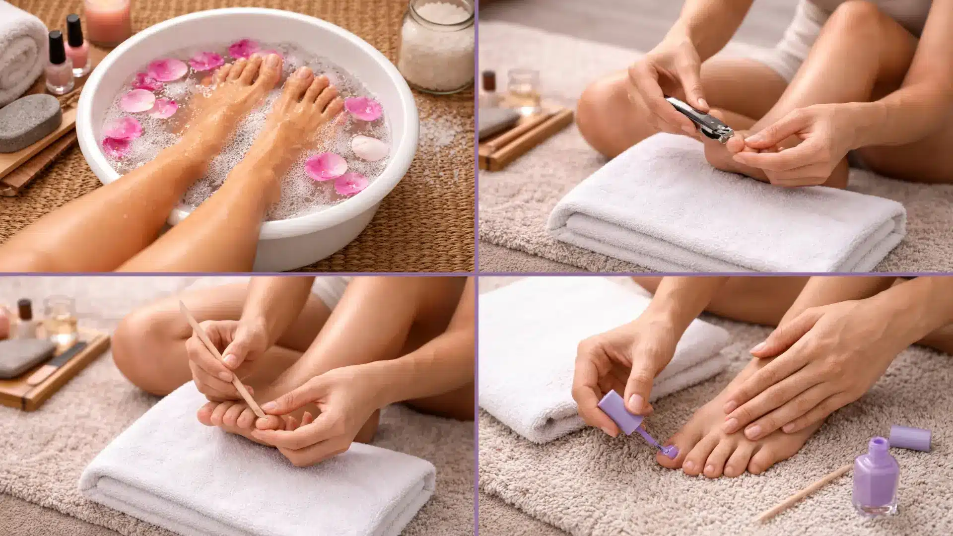 Collage showing pedicure at home steps with foot soaked, nail trimming, cuticle care and polish on toes