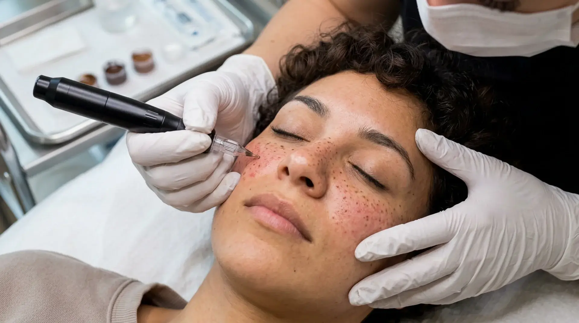 Cosmetic tattoo artist applying freckles on cheeks for natural beauty enhancement treatment
