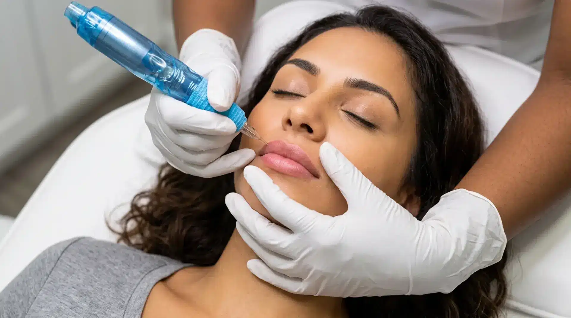 Cosmetic technician performing permanent lip color procedure using tattoo device on client lips in clinic