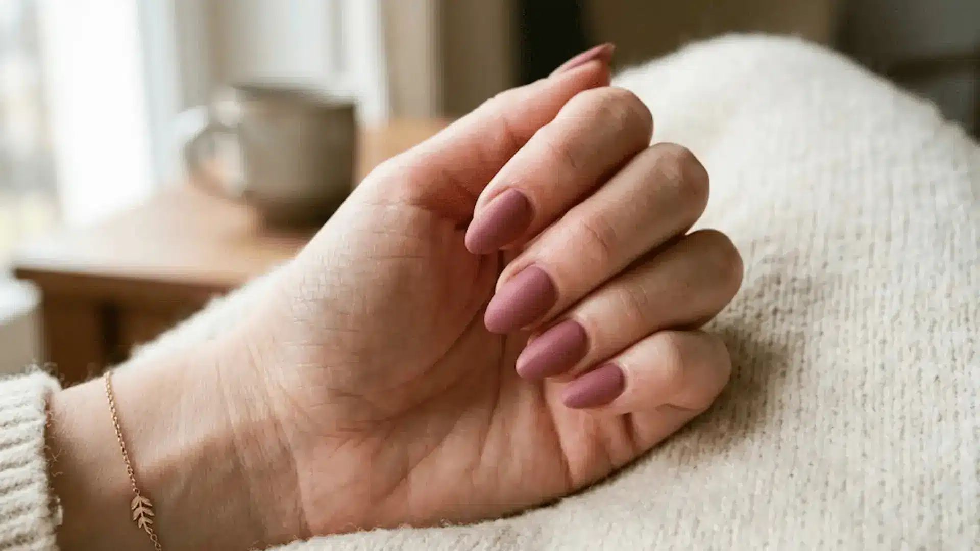Dusty rose manicure on hand resting on cozy sweater in soft natural indoor lighting