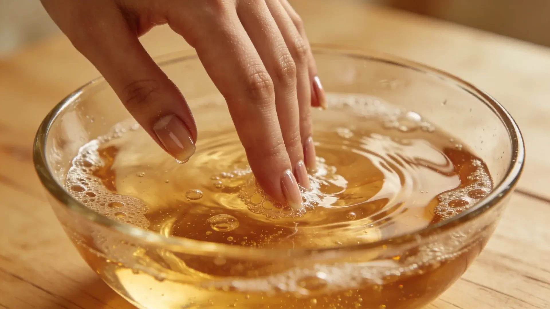 Fingers soaking in warm water and oil mixture to help remove acrylic nails