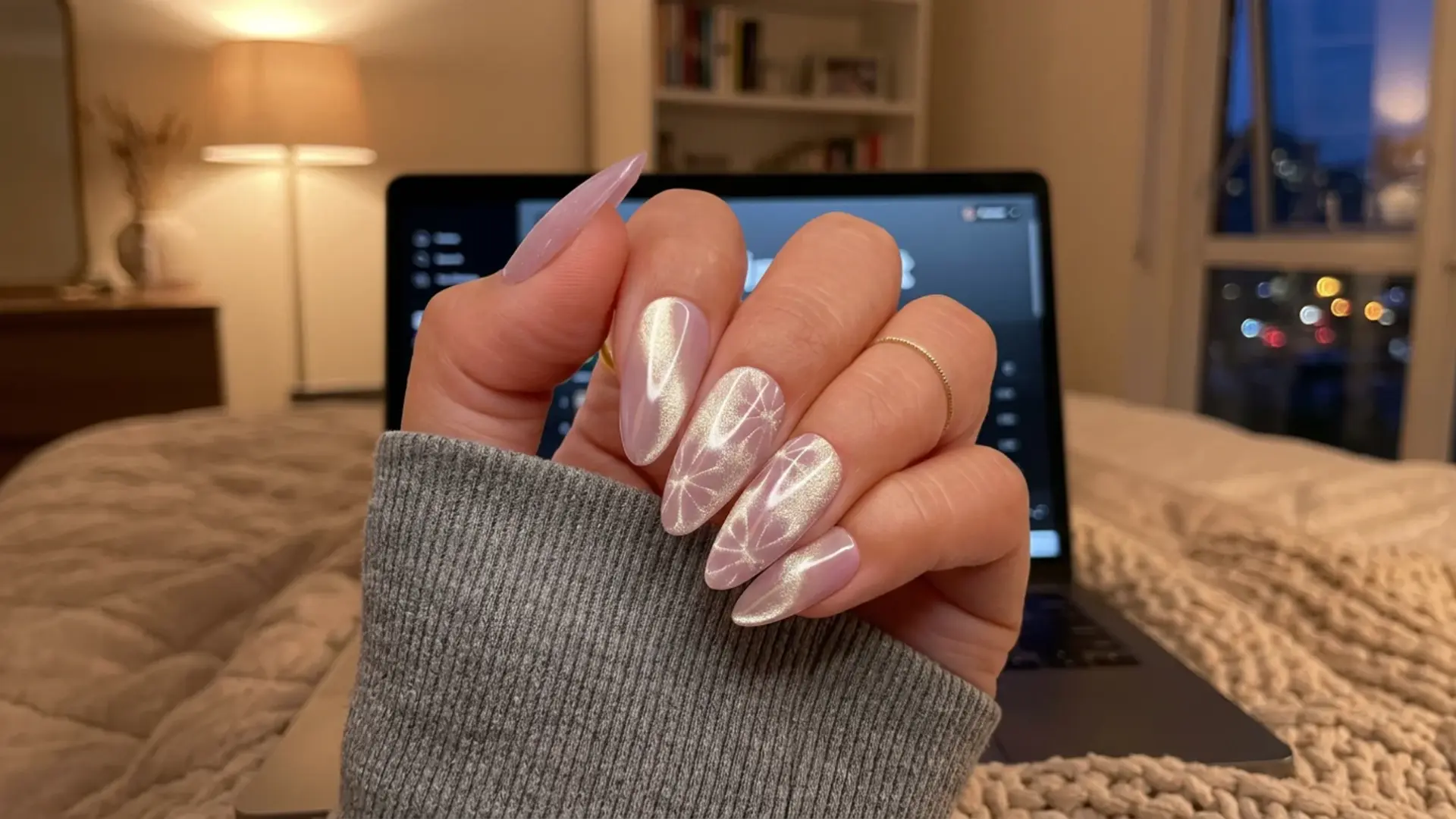 Floral cat eye manicure on long almond nails with laptop on a bed showing spring break nails