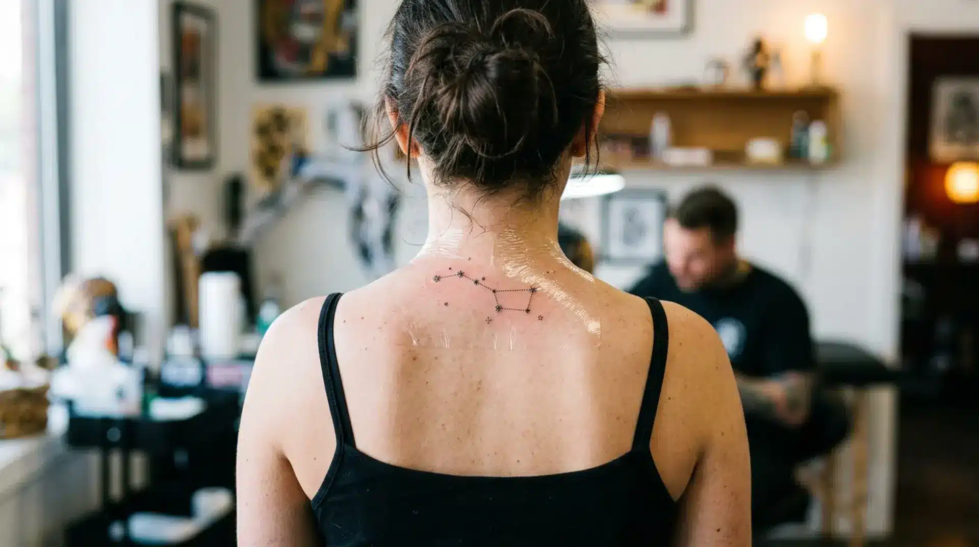 Fresh constellation tattoo on upper back covered with second skin protective film after a tattoo session