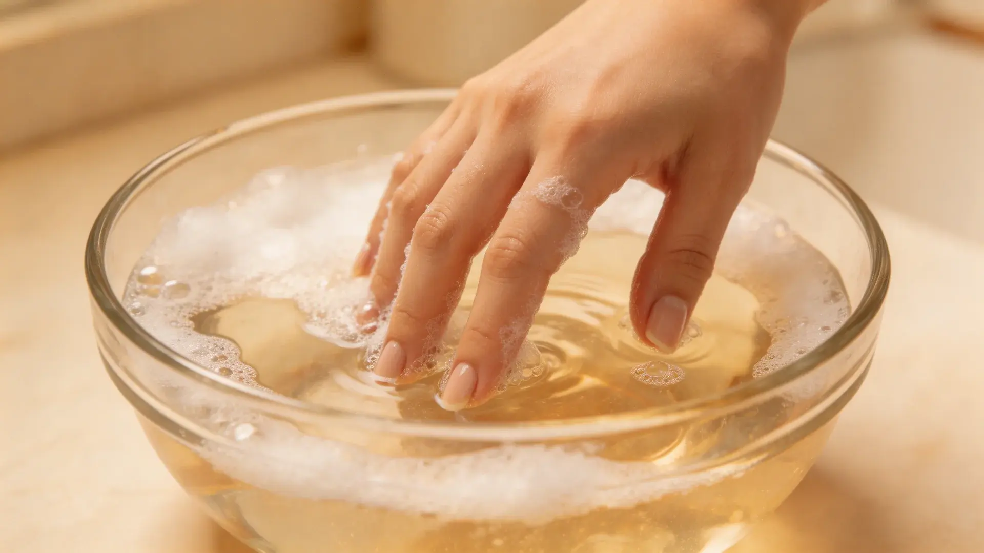 Hand soaking nails in warm soapy water in a glass bowl to loosen acrylic nails without acetone at home