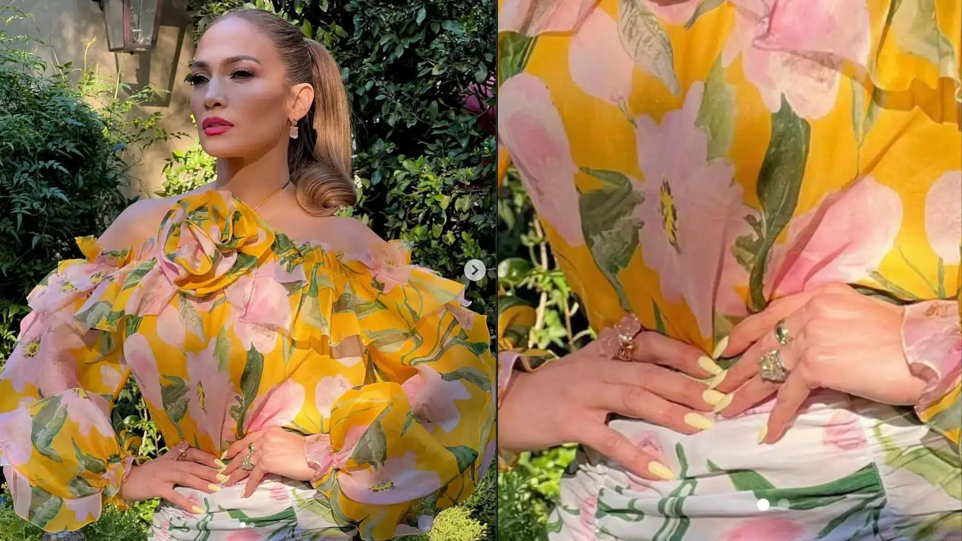 Jennifer Lopez posing in yellow floral dress with pastel yellow lemon sorbet nails matching rings and spring outfit outdoors